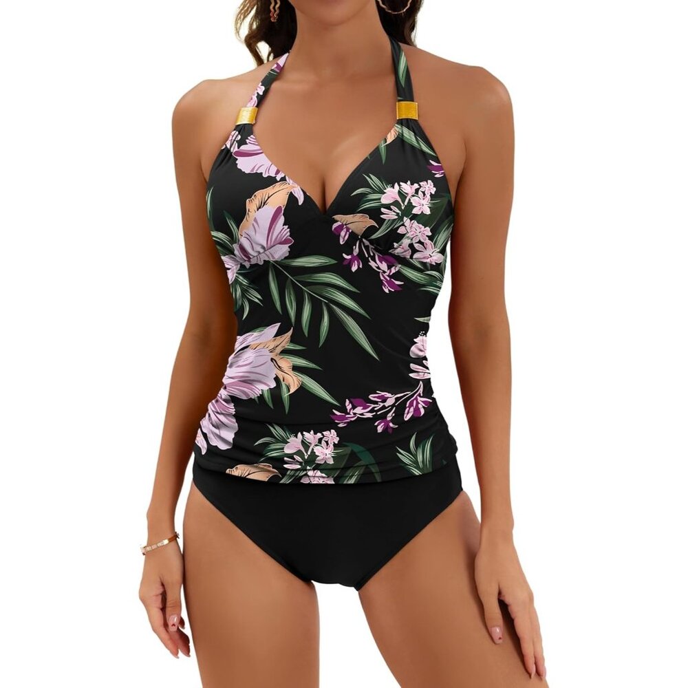 B2prity Halter Tankini Swimsuit Slimming Floral Two Piece Bathing Suit LARGE
